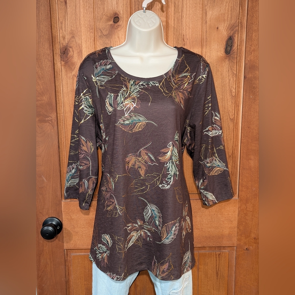 CJ Banks Leaf Print Top With Metallic Gold Accents